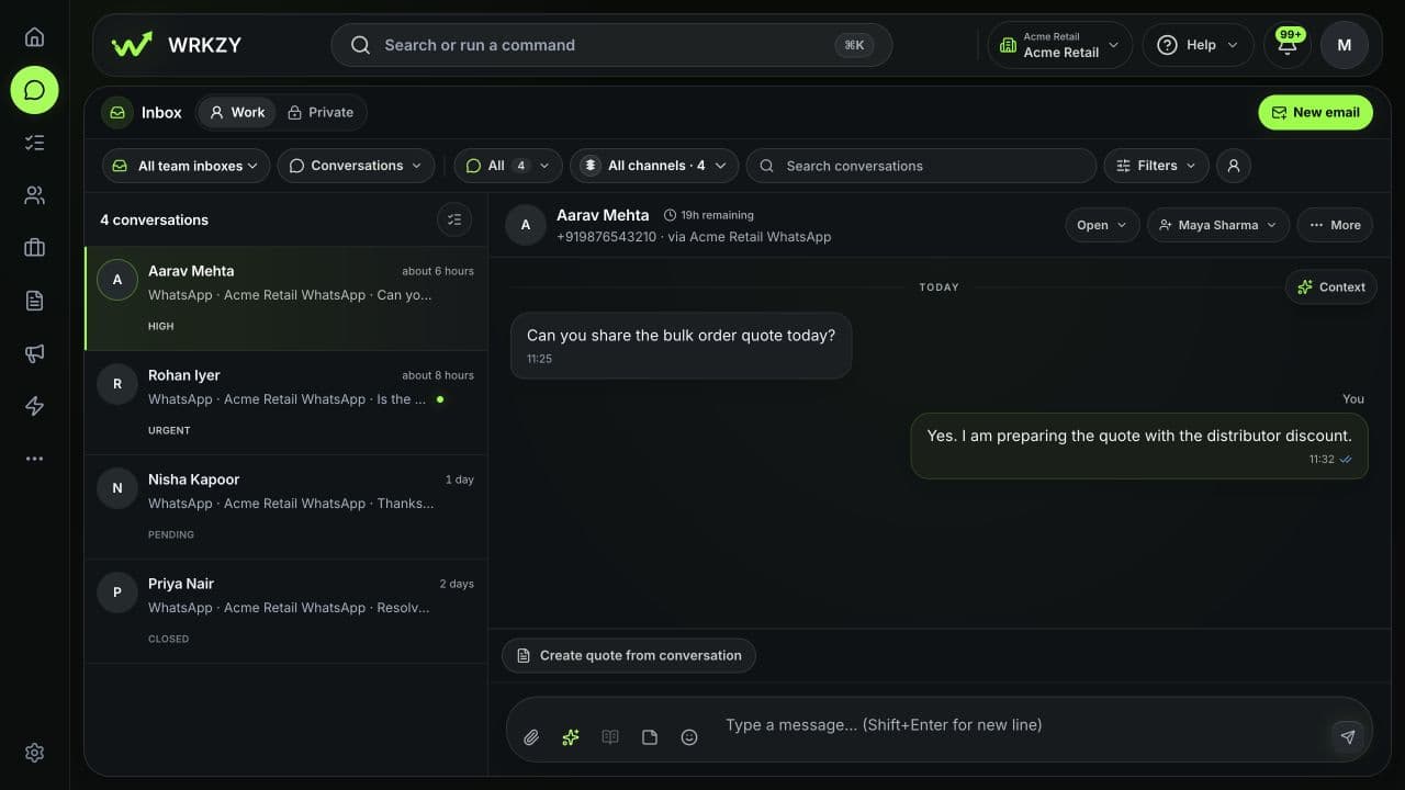 WRKZY inbox demo showing Aarav’s quote request, a reply and the assigned owner